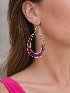 Silver Pink Rhinestone Teardrop Earrings Statement Drop Elegant